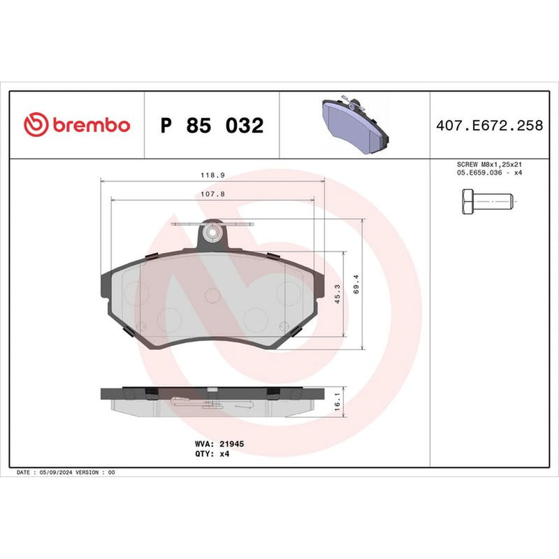 Brembo 4 x Front Brake Pad Set P85032