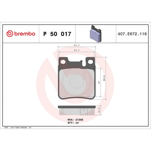 Brembo 4 x Rear Brake Pad Set P50017
