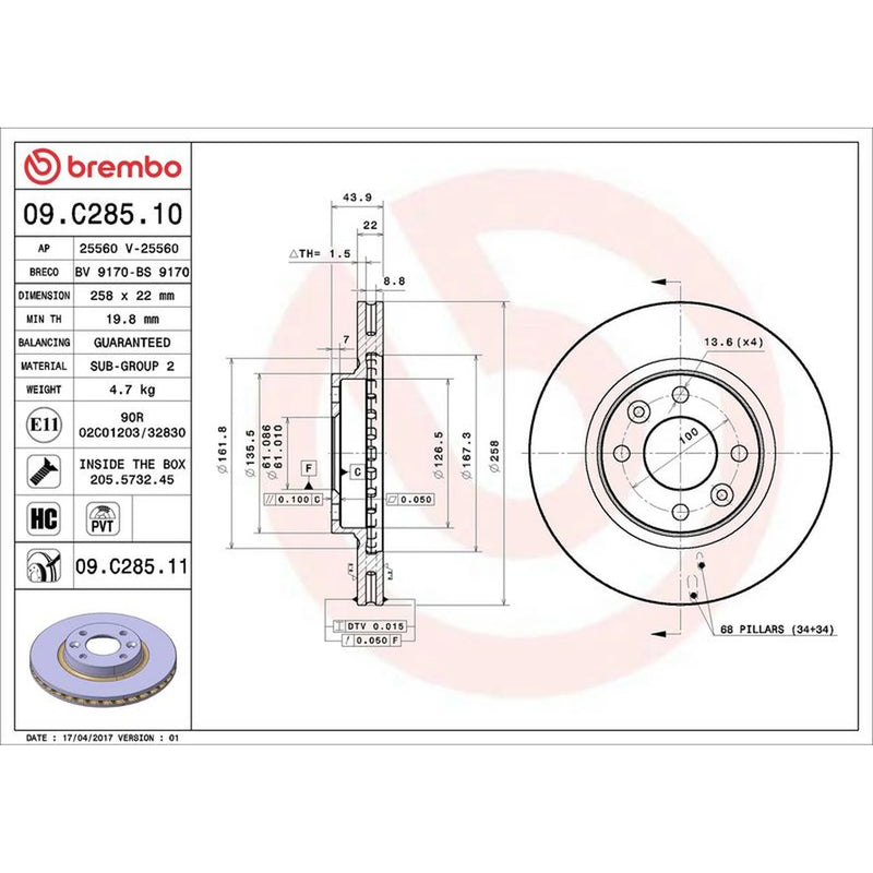 Brembo 2 x Internally Vented Front Brake Discs 09.C285.11
