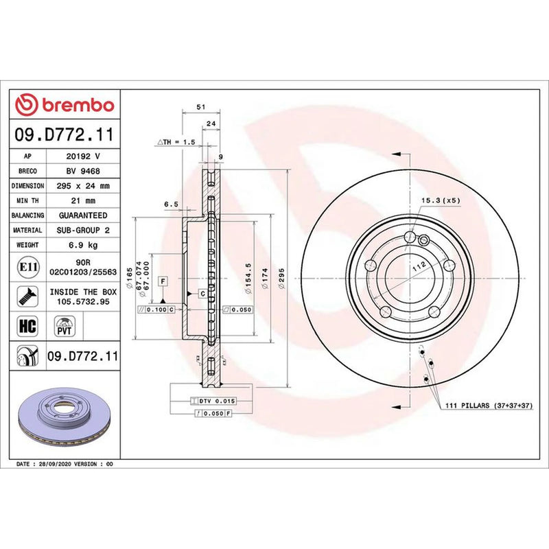 Brembo 2 x Internally Vented Front Brake Discs 09.D772.11