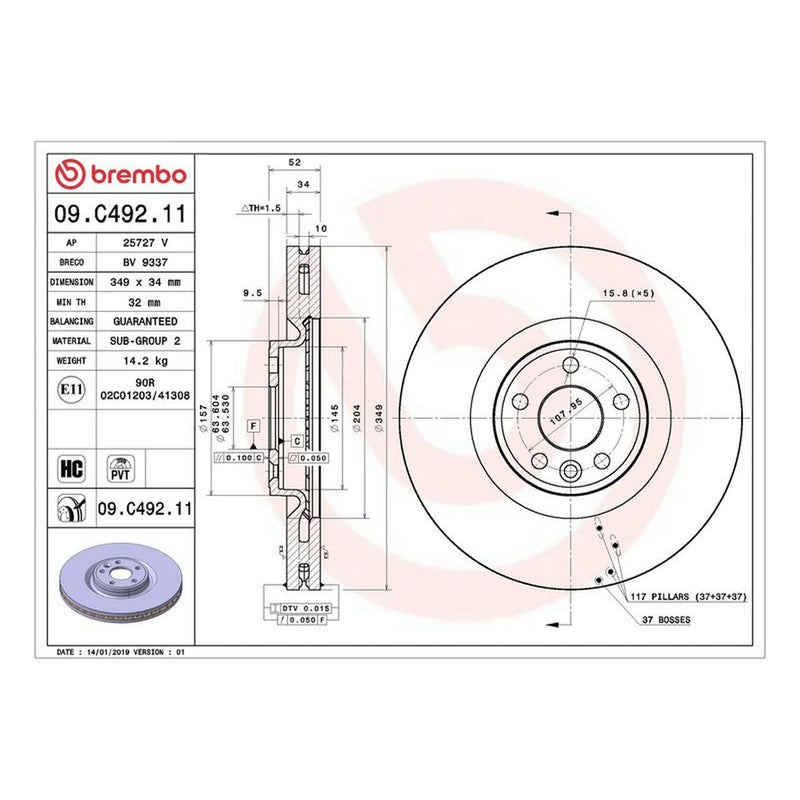 Brembo 2 x Internally Vented Front Brake Discs 09.C492.11