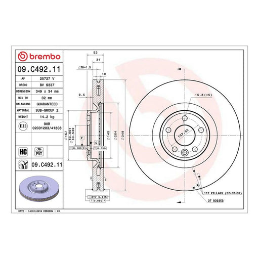 Brembo 2 x Internally Vented Front Brake Discs 09.C492.11