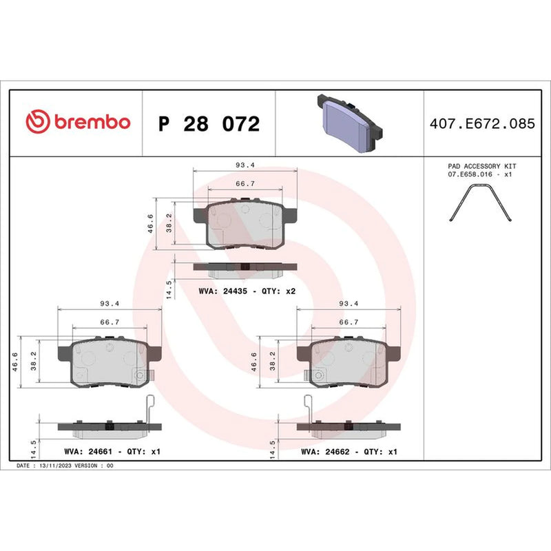 Brembo 4 x Rear Brake Pad Set P28072