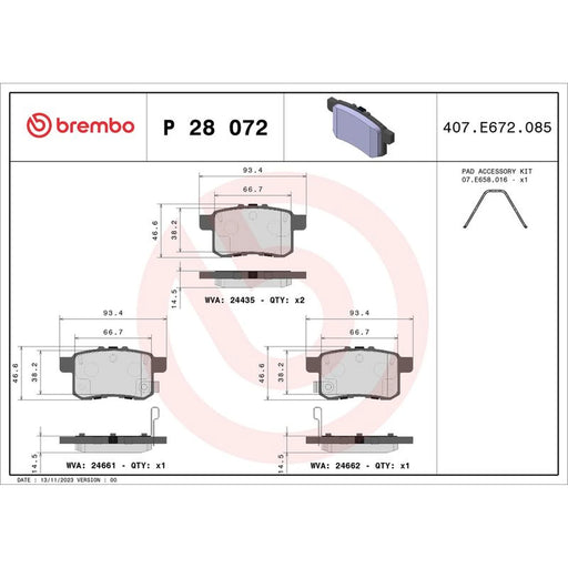 Brembo 4 x Rear Brake Pad Set P28072