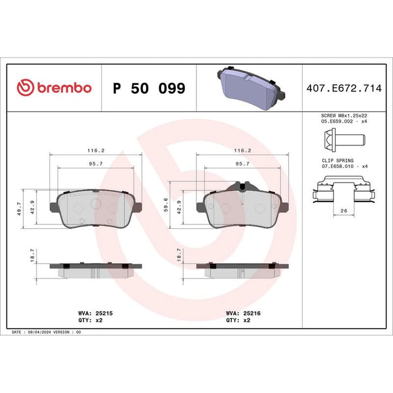 Brembo 4 x Rear Brake Pad Set P50099