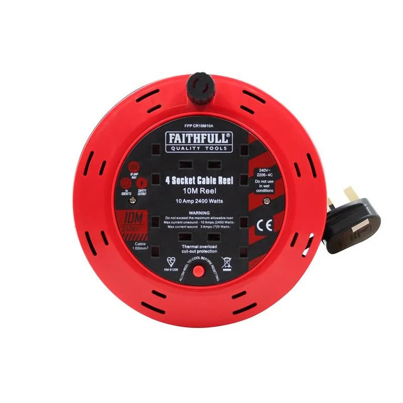 Faithfull Power Plus Cable Reel 240V 10A 4-Socket 10m - C41010