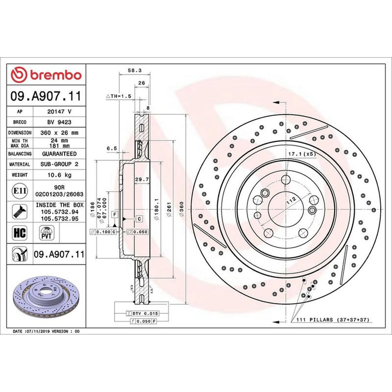 Brembo 2 x Rear Brake Discs 09.A907.11
