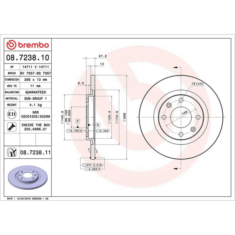 Brembo 2 x Front Brake Discs 08.7238.11