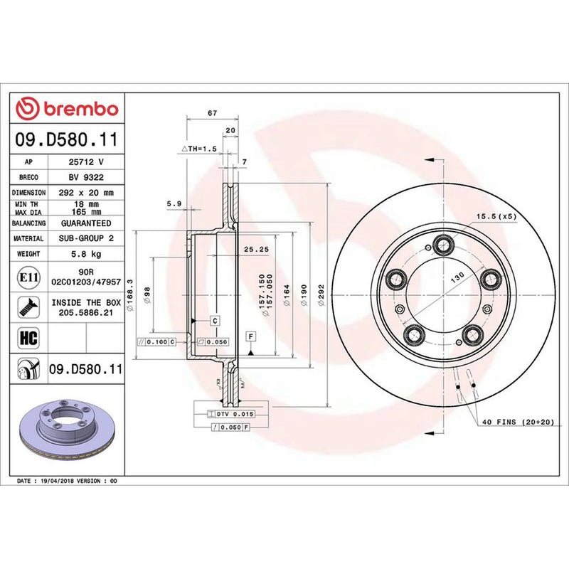 Brembo 2 x Rear Brake Discs 09.D580.11