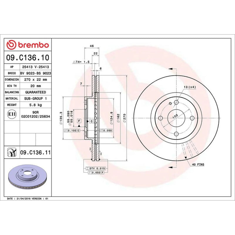 Brembo 2 x Internally Vented Front Brake Discs 09.C136.11