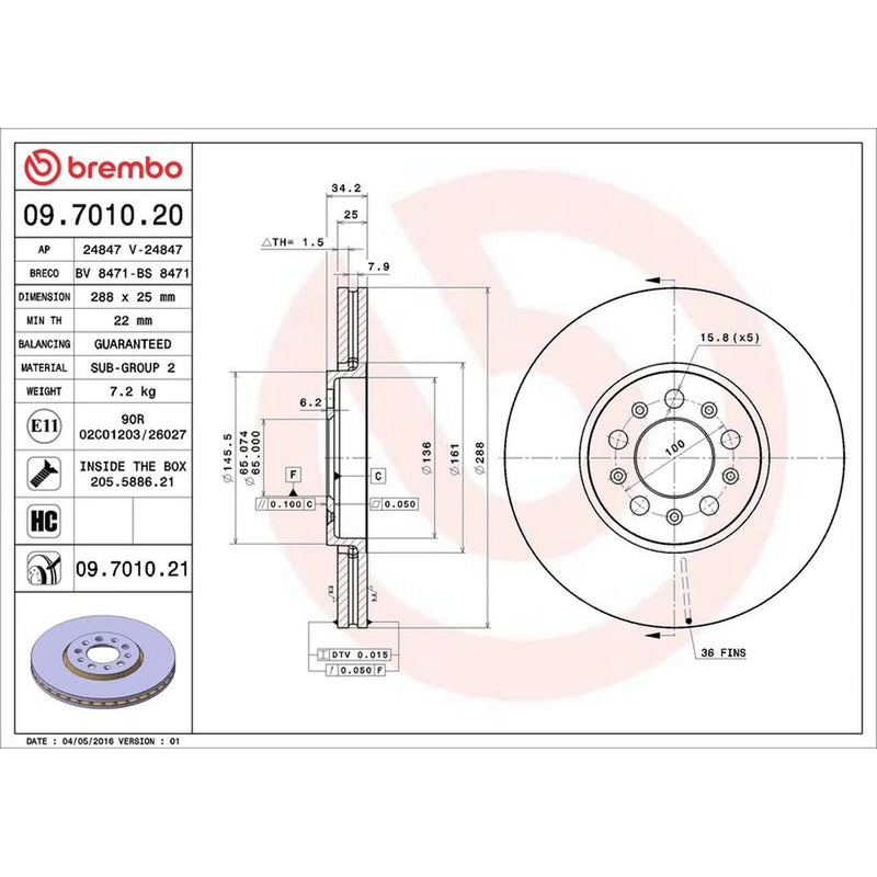 Brembo 2 x Front Brake Discs 09.7010.21