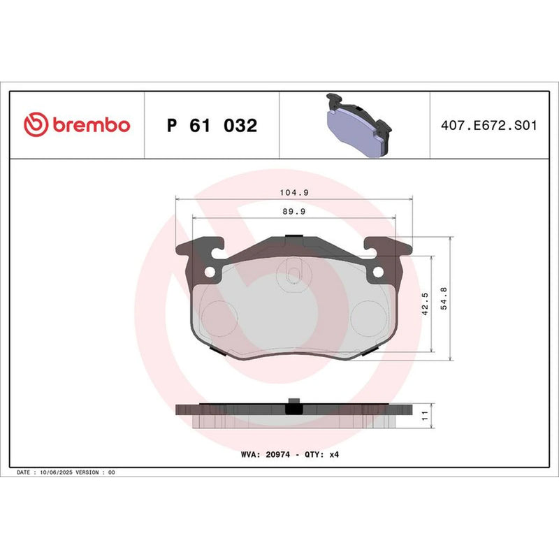 Brembo 4 x Rear Brake Pad Set P61032