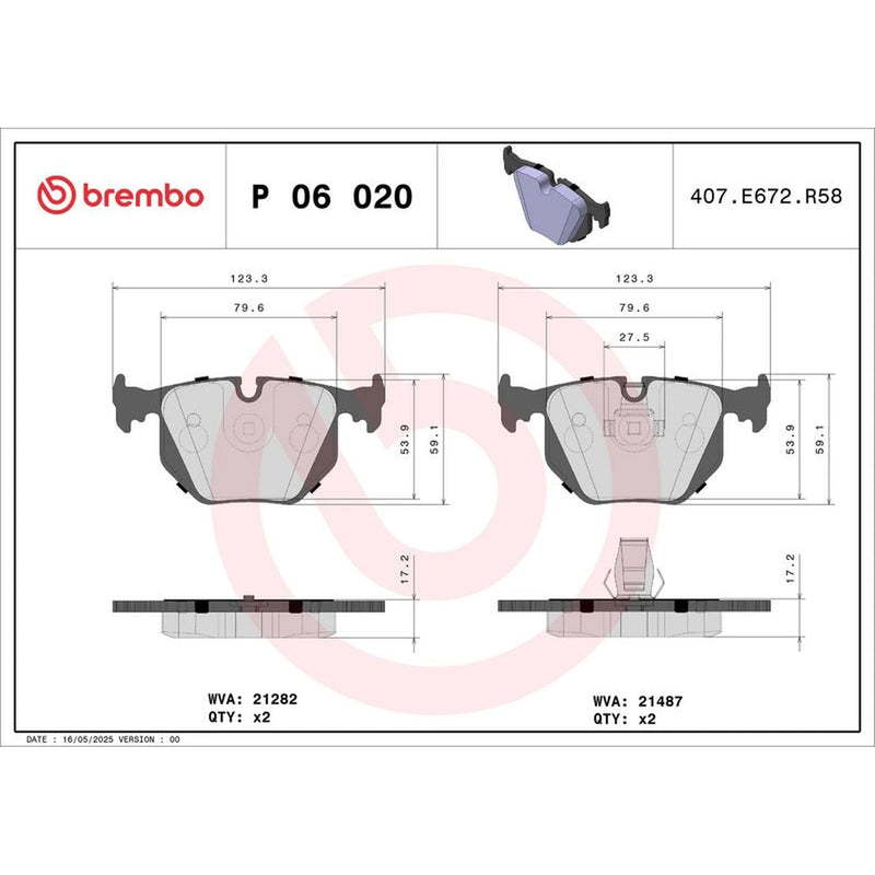 Brembo 4 x Rear Brake Pad Set P06020