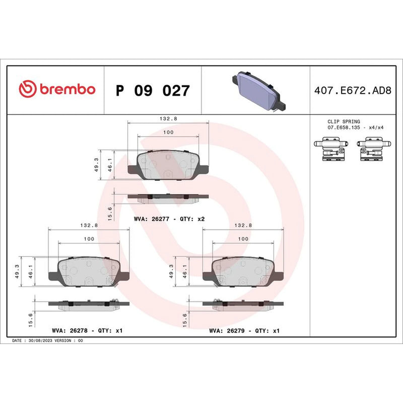 Brembo 4 x Rear Brake Pad Set P09027