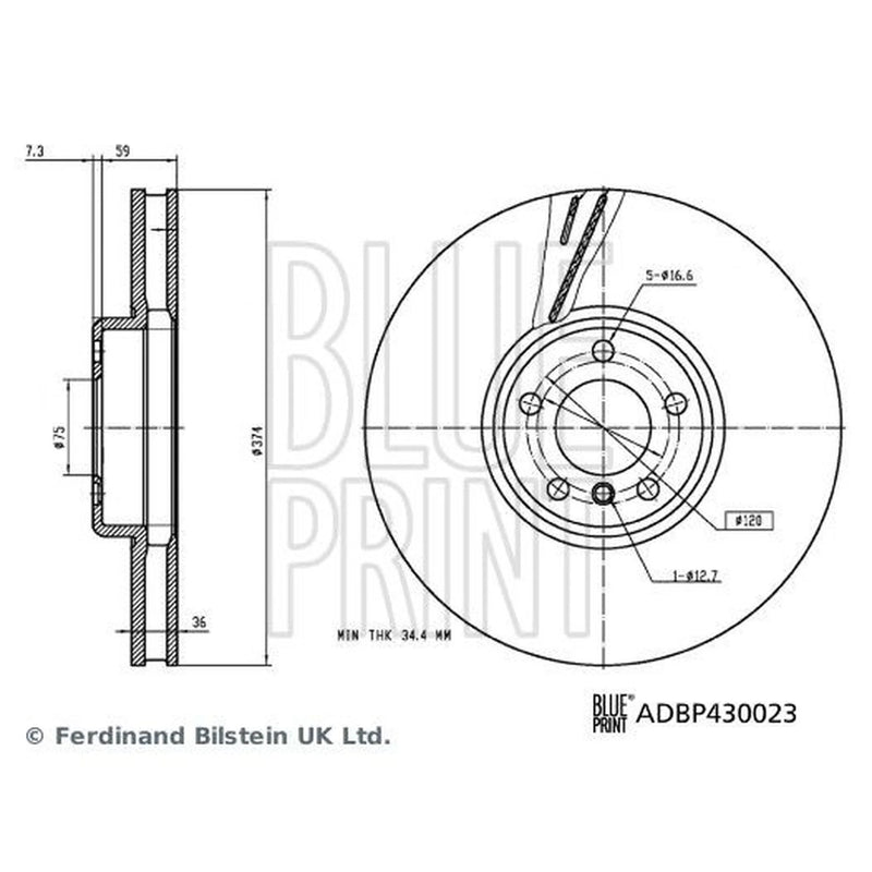 Blue Print 2 x Internally Vented Front Brake Discs ADBP430023