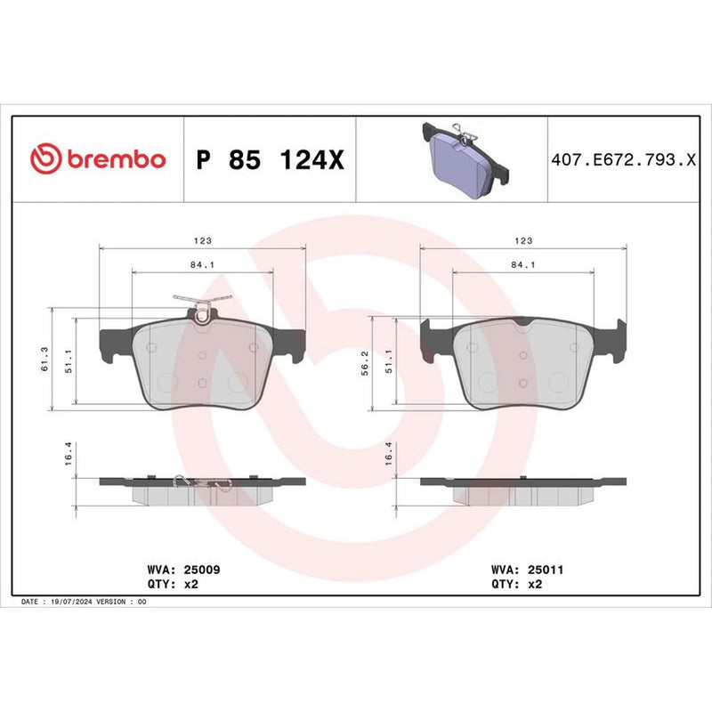 Brembo 4 x Rear Brake Pad Set P85124X