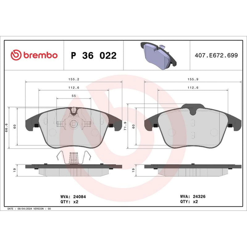 Brembo 4 x Front Brake Pad Set P36022