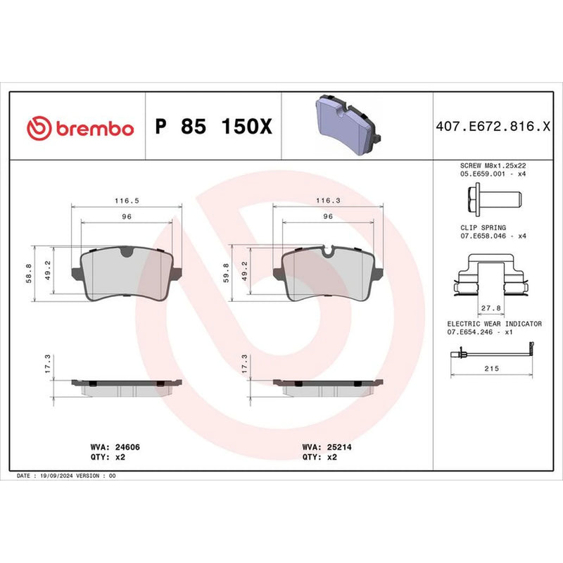 Brembo 4 x Rear Brake Pad Set P85150X
