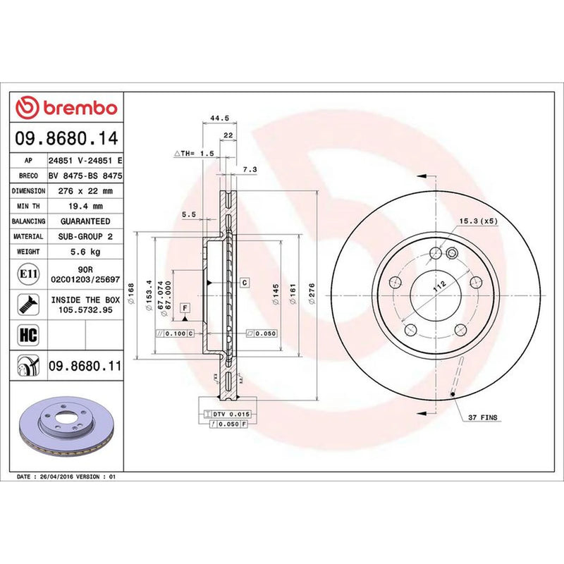 Brembo 2 x Internally Vented Front Brake Discs 09.8680.11