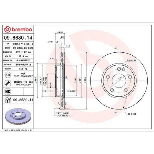 Brembo 2 x Internally Vented Front Brake Discs 09.8680.11