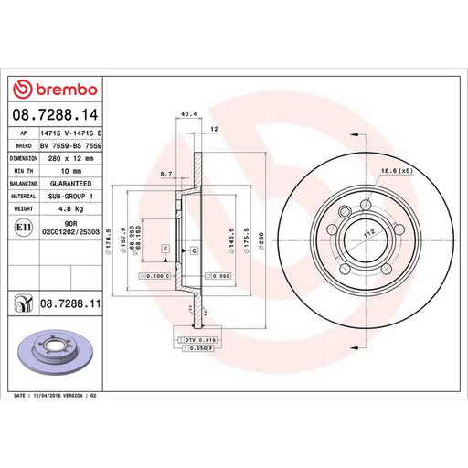 Brembo 2 x Solid Rear Brake Discs 08.7288.11
