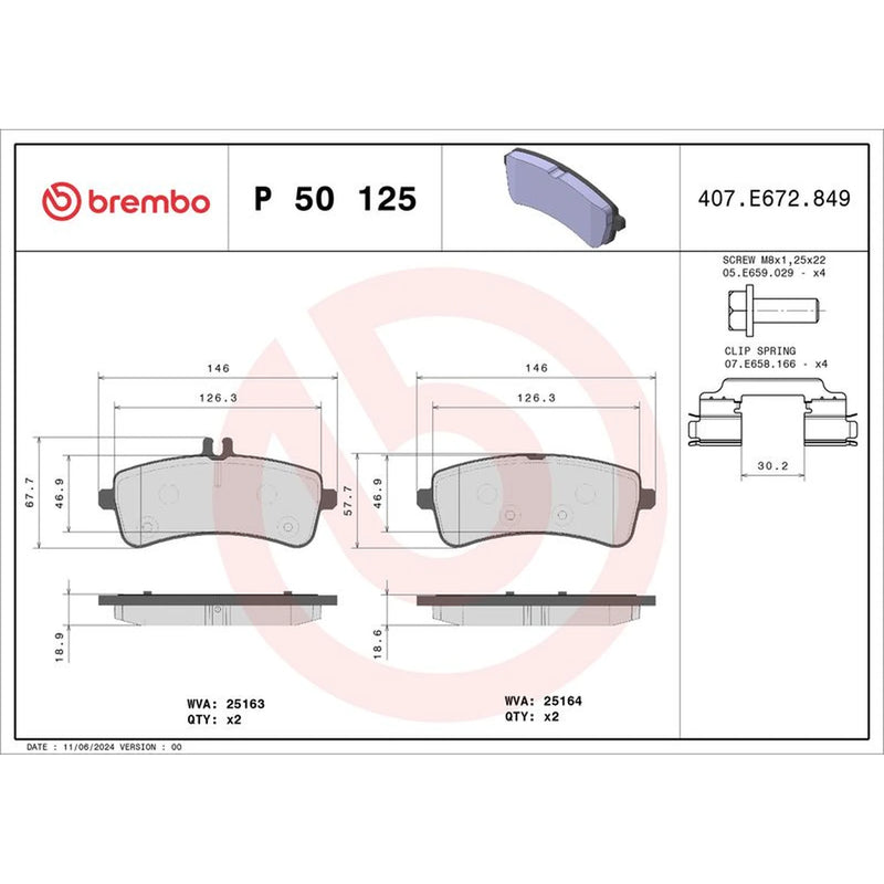 Brembo 4 x Rear Brake Pad Set P50125