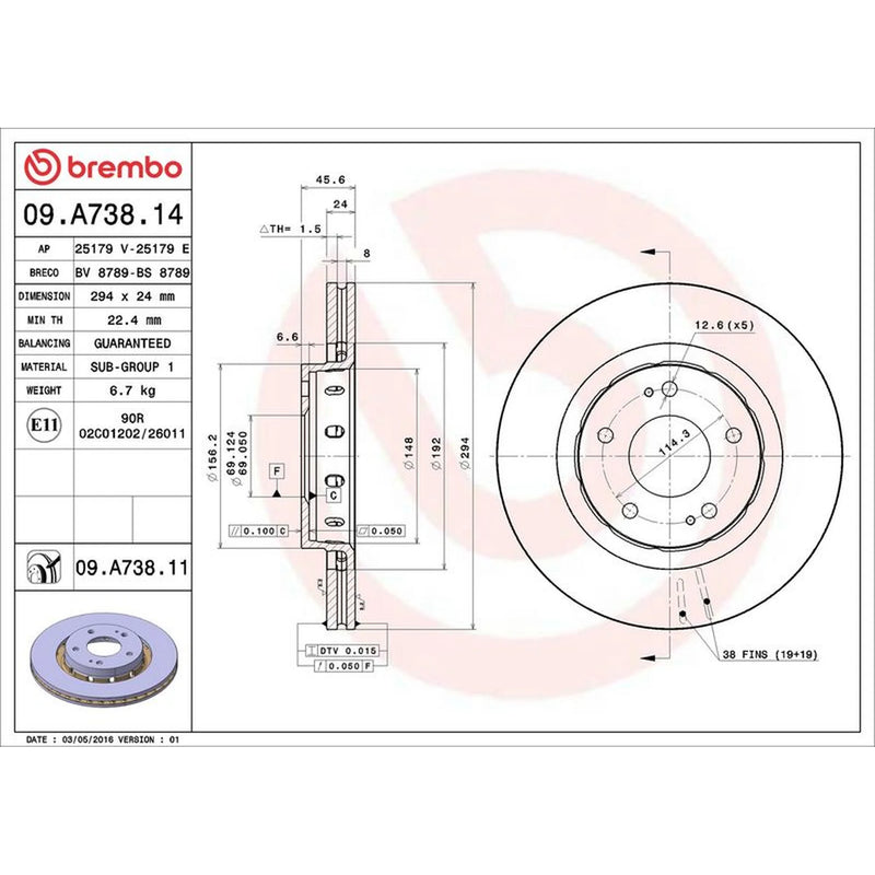 Brembo 2 x Front Brake Discs 09.A738.11