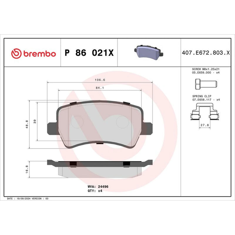 Brembo 4 x Rear Brake Pad Set P86021X