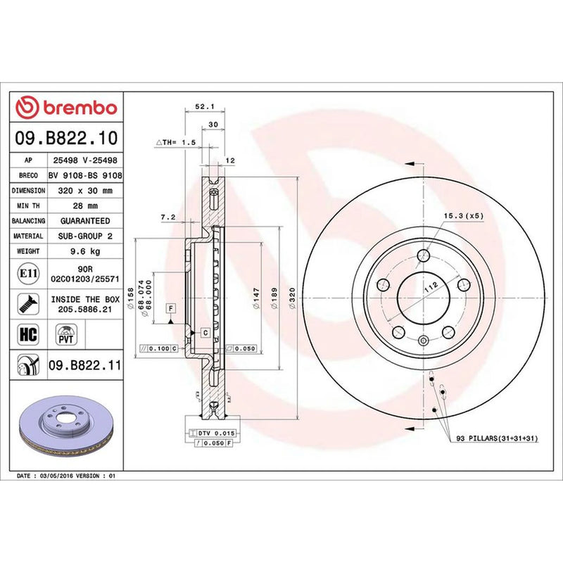Brembo 2 x Internally Vented Front Brake Discs 09.B822.11