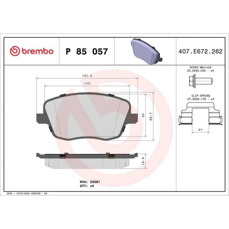 Brembo 4 x Front Brake Pad Set P85057