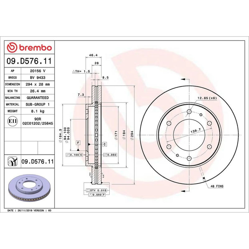 Brembo 2 x Internally Vented Front Brake Discs 09.D576.11