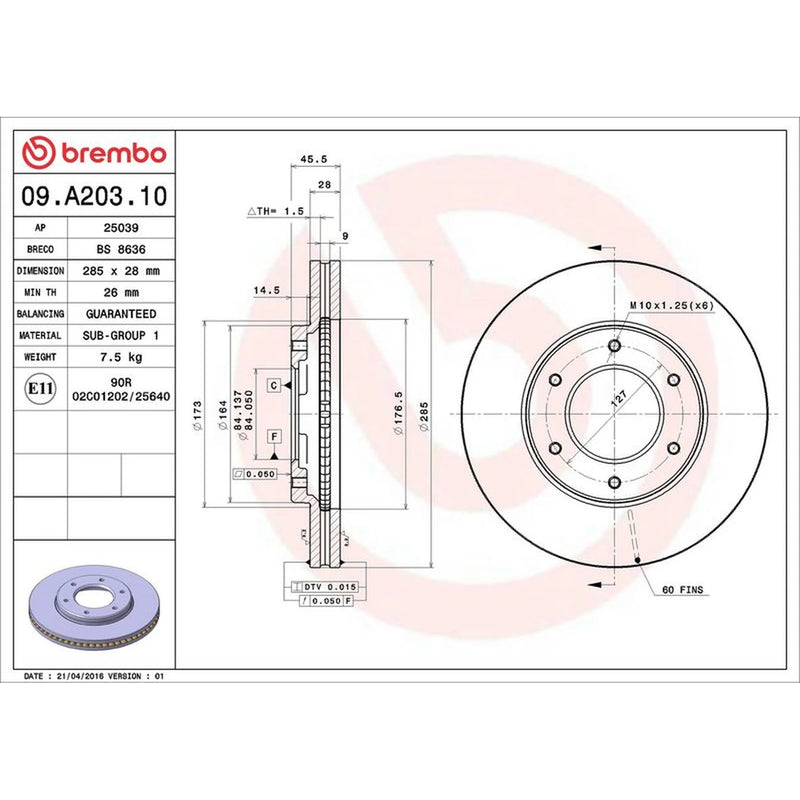 Brembo 2 x Internally Vented Front Brake Discs 09.A203.10