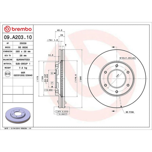 Brembo 2 x Internally Vented Front Brake Discs 09.A203.10