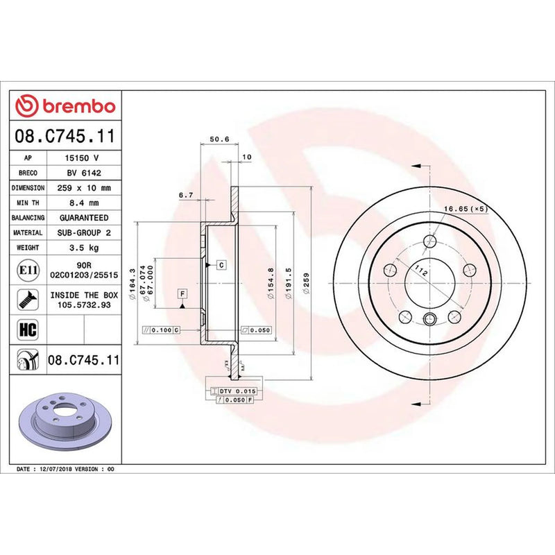 Brembo 2 x Solid Rear Brake Discs 08.C745.11