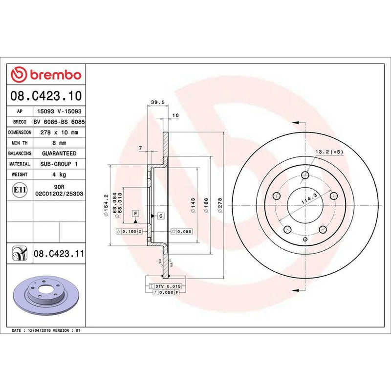 Brembo 2 x Solid Rear Brake Discs 08.C423.11