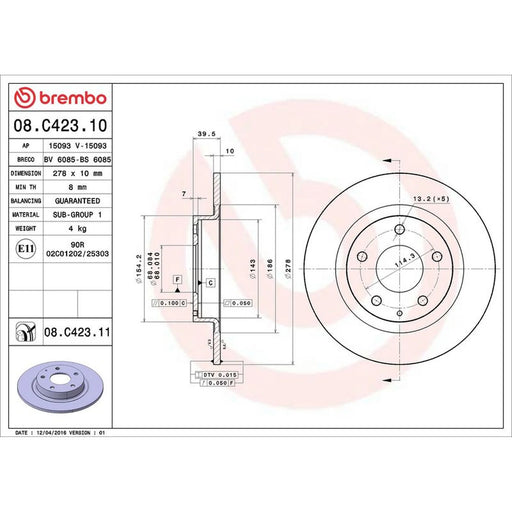 Brembo 2 x Solid Rear Brake Discs 08.C423.11