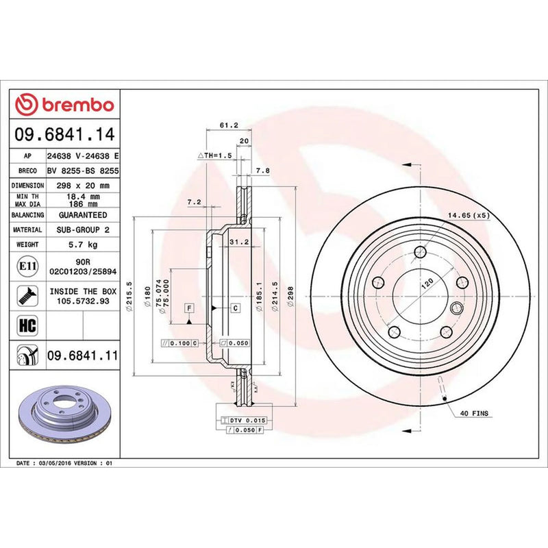 Brembo 2 x Internally Vented Rear Brake Discs 09.6841.11