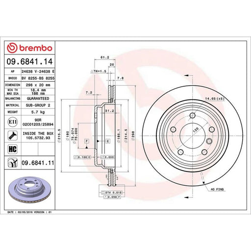 Brembo 2 x Internally Vented Rear Brake Discs 09.6841.11