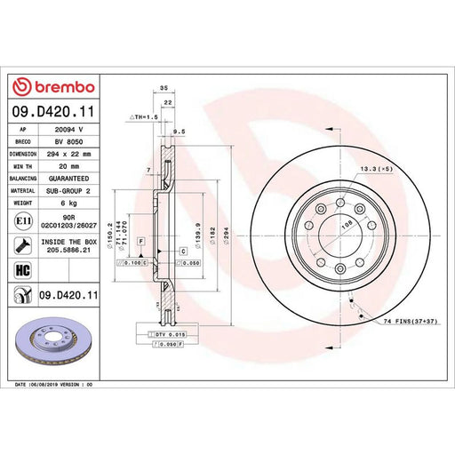 Brembo 2 x Rear Brake Discs 09.D420.11