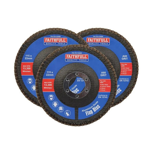 Faithfull Aluminium Oxide Flap Disc 115 x 22mm 80 Grit (3 Pack) - FAIFD11580A3