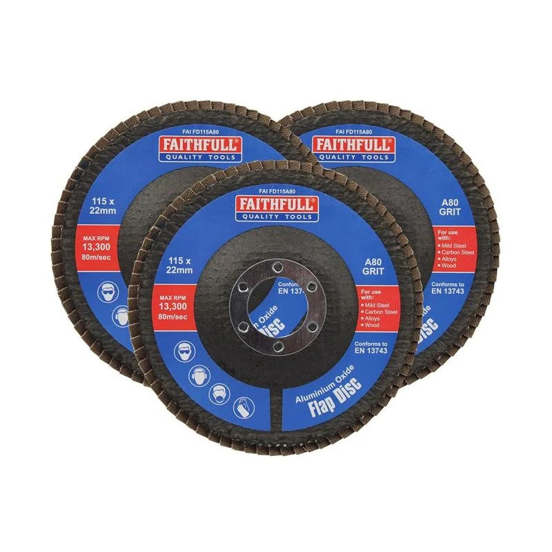 Faithfull Aluminium Oxide Flap Disc 115 x 22mm 80 Grit (3 Pack) - FAIFD11580A3