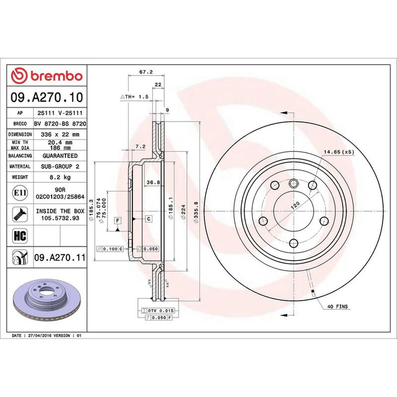 Brembo 2 x Internally Vented Rear Brake Discs 09.A270.11
