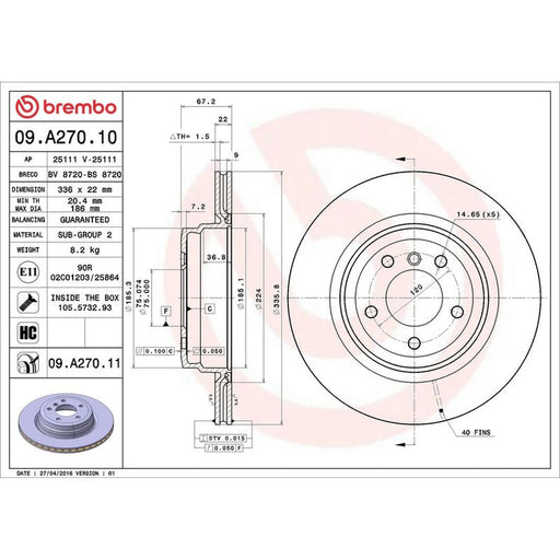Brembo 2 x Internally Vented Rear Brake Discs 09.A270.11