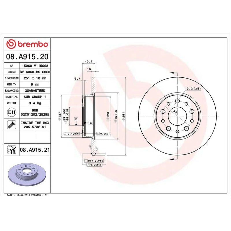 Brembo 2 x Solid Rear Brake Discs 08.A915.21
