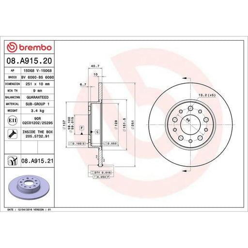 Brembo 2 x Solid Rear Brake Discs 08.A915.21