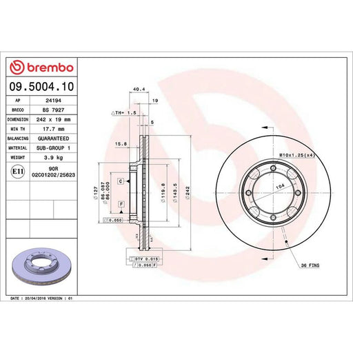 Brembo 2 x Internally Vented Front Brake Discs 09.5004.10