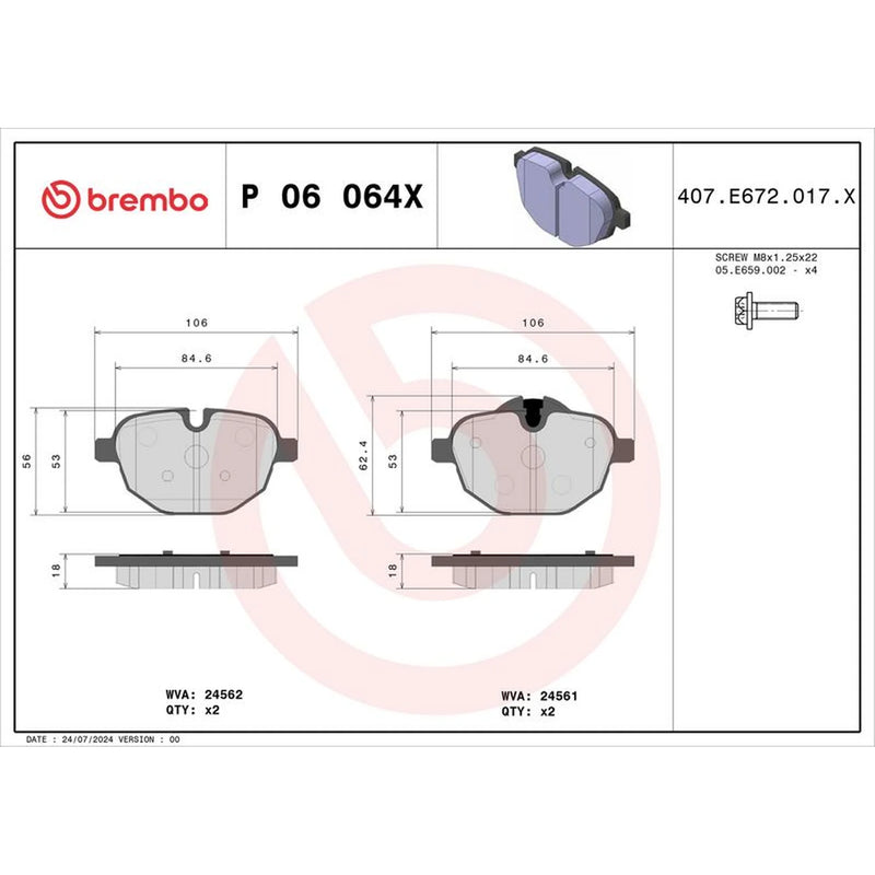 Brembo 4 x Rear Brake Pad Set P06064X