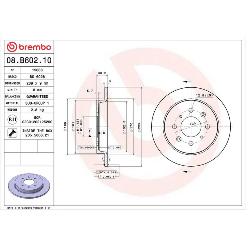 Brembo 2 x Solid Rear Brake Discs 08.B602.10