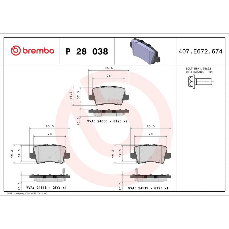 Brembo 4 x Rear Brake Pad Set P28038