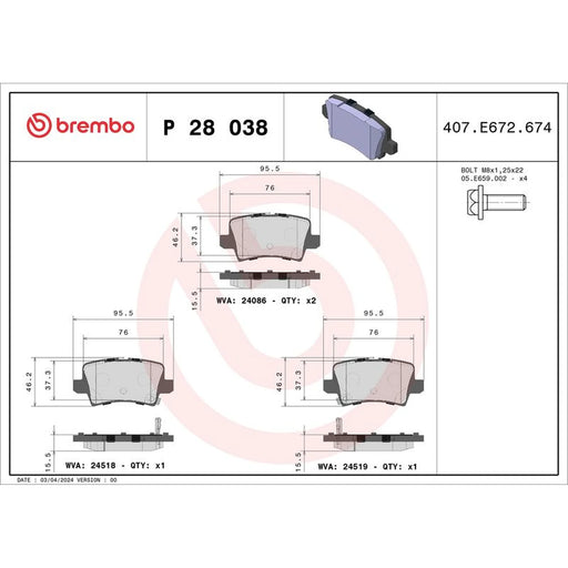 Brembo 4 x Rear Brake Pad Set P28038